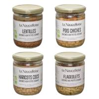 Lot de 4 plats cuisinés aux petits légumes bio 380gr panaché - Lentilles cuisinées aux petits légumes + pois chiches cuisinés aux petits légumes + haricots coco cuisinées aux petits légumes + flageolets cuisinées aux petits légumes