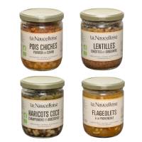 Lot de 4 plats cuisinés premium bio 380gr panaché - Pois chiches poivrons cumin + lentilles carottes gingembre + haricots coco champignons aubergines + flageolets provençale